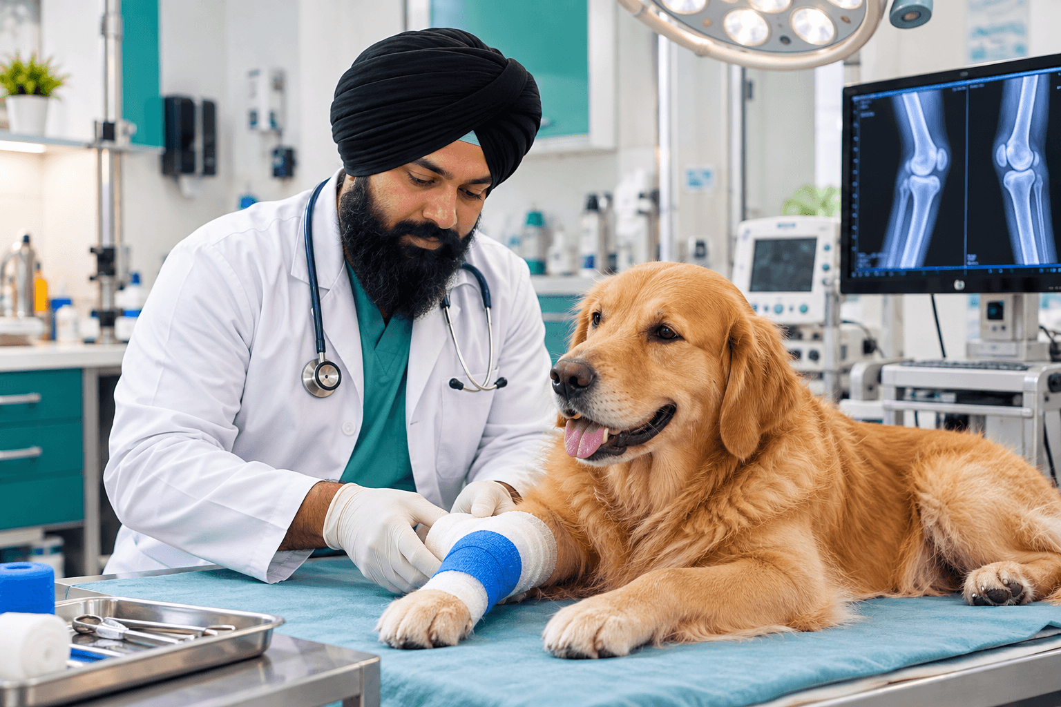 Dog resting comfortably while receiving veterinary attention