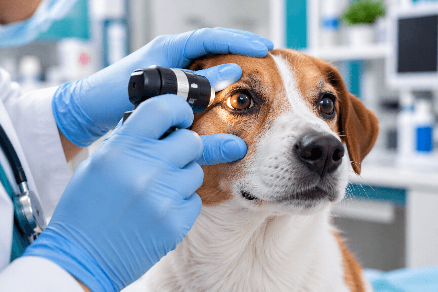 Dog receiving a careful veterinary eye examination